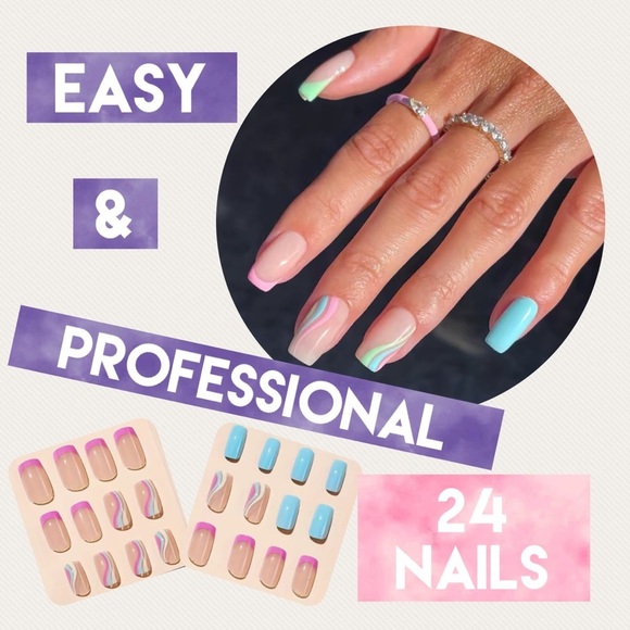 Acrylic Medium Square Tip Pastel French Manicure Rainbow Nails Professional Art - Picture 2 of 7